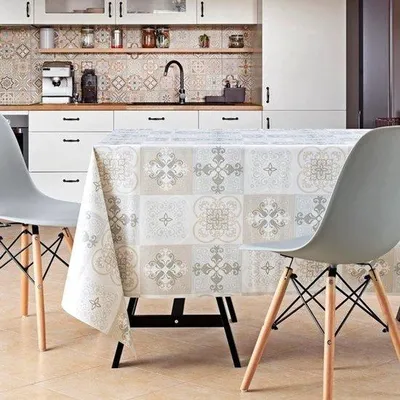 Produktbild von Unyqoos® Vinyl-Tischdecke abwaschbar & wasserdicht, rechteckig 200 x 140 cm (198 x 139,7 cm) – Marokkanisches Mosaik-Fliesenmuster grau‑beige, PVC, für 6 Personen