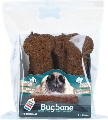 Productafbeelding van Bugbone hondenkoekje in de vorm van een bot, met insectenproteïne, maat: L / afmetingen: 12 x 5 cm