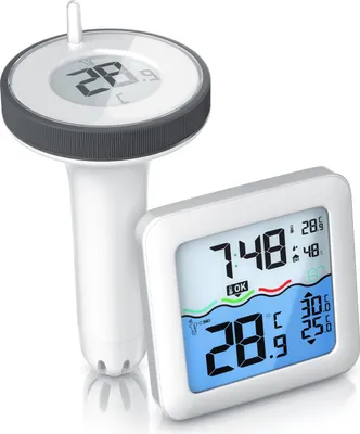 Immagine prodotto di Termometro per piscina Brandson con galleggiante, orologio radio-controllato, misuratore di umidità relativa e ambientale, 2 pezzi, IP67, funzione snooze, portata di 60 metri, durata della batteria di 6 mesi