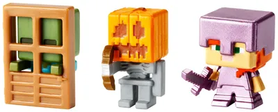 Imagen del producto de Paquete de 3 figuras de Minecraft: Alex con armadura encantada, esqueleto con armadura de calabaza y zombi en la puerta