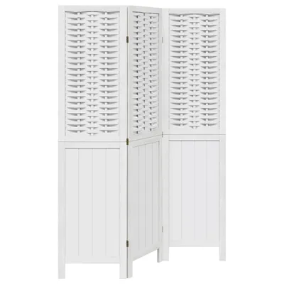 A white three-panel room divider with a woven pattern on the top half and vertical slats on the bottom half, set against a white background.