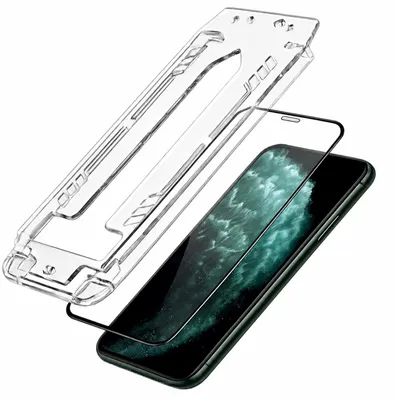 Zdjęcie produktu dla 3mk, zestaw 2 folii ochronnych z hartowanego szkła do iPhone 11 Pro Max, z aplikatorem. Precyzyjne, czarne / przezroczyste