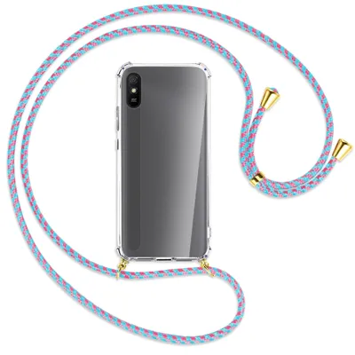 Produktbild von Handykette Backcover-Schutzhülle mit Band (Metall goldfarben) für Xiaomi Redmi 9A - pink/mint