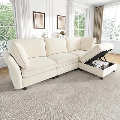 Produktbild von STILVORA Modulsofa frei kombinierbar als L-Ecksofa, Cloud-Sofa weich gepolstert, 4-Sitzer Sofa mit Stauraum-Hocker und 2 Armlehnenkissen,Chenille,Beige