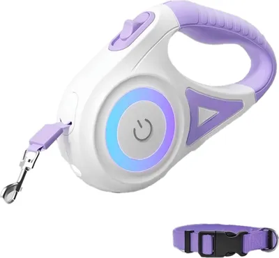 Produktbild von Einziehbare Hundeleine 5 m mit LED-Licht | Reflektierende Nylonleine mit Halsband (Lila),S