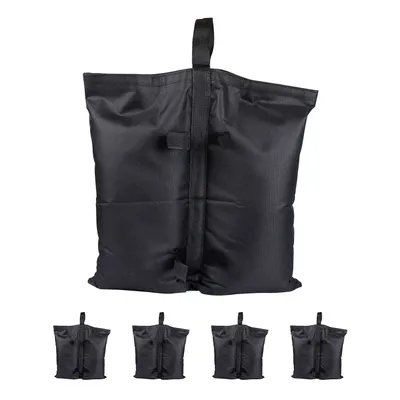 A set of four black sandbags for weighting down a pavilion or tent. One large sandbag is shown in the foreground, with three smaller ones arranged below it.