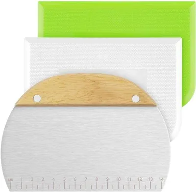 Imagen del producto de Unyqoos® - Juego de 3 raspadores para masa: 2 de plástico y 1 de acero inoxidable (430) con mango de madera, versátil raspador para masa y cocina, ideal para hornear, pan y pizza