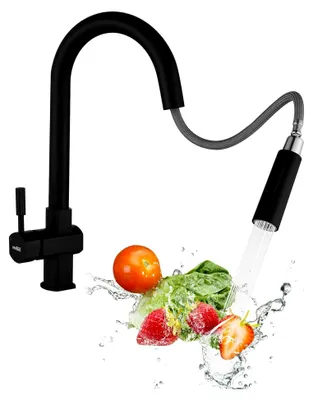 Produktbild von Küchenarmatur Schwarz, Hochdruck Wasserhahn mit Ausziehbarer Brause, 360° Drehbare Spültischarmatur, Zwei Wasserstrahlarten, Edelstahl Mischbatterie