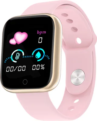A pink smartwatch with a gold bezel is shown against a white background. The watch face displays various health metrics.