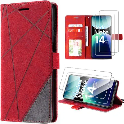 Image de Coque + 2 Verres Trempés pour Xiaomi Redmi Note 14 Pro Plus 5G, Effet Cuir Antichoc - Rouge
