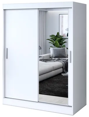 Produktbild von Kleiderschrank mit Spiegel - 150x200cm - Weiß Matt - Schiebetürenschrank HUGO - 2-türig - mit 2 Kleiderstangen