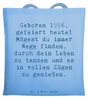 Produktbild von Mr. & Mrs. Panda Jutebeutel Spruch 1996 Geburtstag - Sky Blue - Geschenk, Lebensfreude, Happy Birthday, liebevoll handgefertigt, besondere Anlässe, Geburtstagsfeier