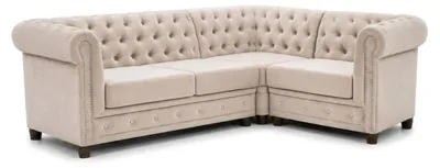 Zdjęcie produktu dla Beżowa, narożna sofa w kształcie litery L, obita tkaniną, pikowana sofa, styl Chesterfield, do salonu