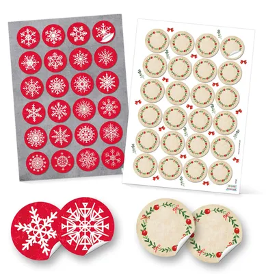 Produktbild von SET 2 x 24 runde Aufkleber Weihnachten rot grün weiß blanko + Schneeflocke Etiketten weihnachtliche Verpackung