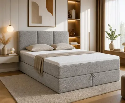 Produktbild von MODERN ROOM Boxspringbett mit Bettkasten, RIMINI, 120x200, hellgrau, H3, Boucléstoff, Polsterbett Matratze Topper Doppelbett Bett für Schlafzimmer