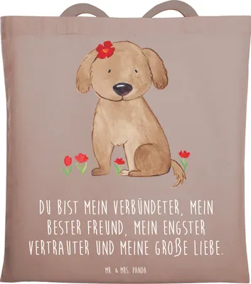 Produktbild von Mr. & Mrs. Panda Tote Bag Hund Dame - Braun Pastell - Geschenk, Shopping Tasche, Liebenswert, Beutel, Uni, Liebe, Sprüche, Hunde, Verliebt, Einkaufstasche, Laptoptasche