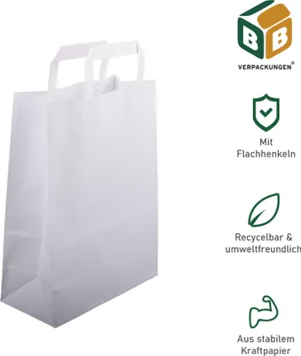 Produktbild von 500 Papiertragetaschen 180 + 80 x 220 mm weiß stabile 70 g/m² Grammatur Papiertüten Geschenktüten BB-Verpackungen
