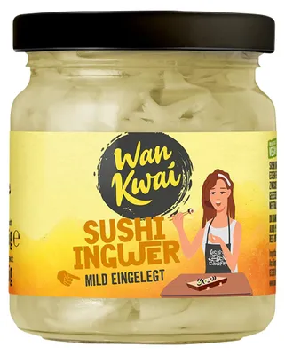 Zdjęcie produktu dla Imbir do sushi Wan Kwai łagodny i lekko marynowany w wersji wegańskiej 135 g