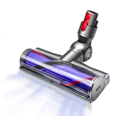 A vacuum cleaner brush head with a transparent casing showing a purple and red roller brush, set against a white background.