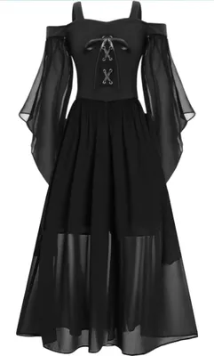 A black medieval-style dress with off-the-shoulder trumpet sleeves and a lace-up bodice, displayed on a white background.