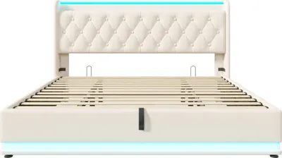 Produktbild von Flieks Polsterbett 180x200cm mit Ladefunktion (USB&Typ-c), Jugendbett Doppelbett Stauraumbett mit LED, Hydraulisches Boxspringbett, PU, Weiß