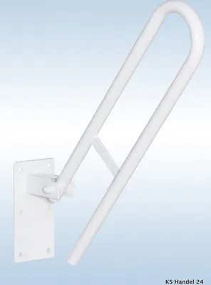 A white folding grab bar mounted on a wall.