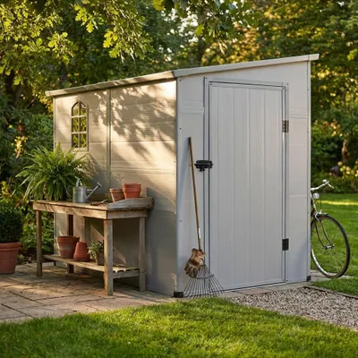 Immagine prodotto di Milani Home - casetta in resina da giardino porta attrezzi cm 143x247x194 h - Grigio chiaro