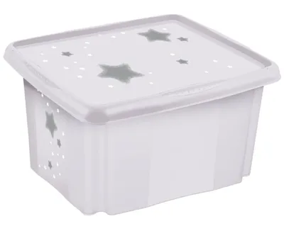 A white storage box with a lid, decorated with gray stars.