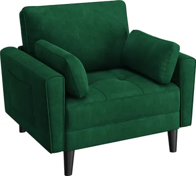 A green accent chair shown from the front.