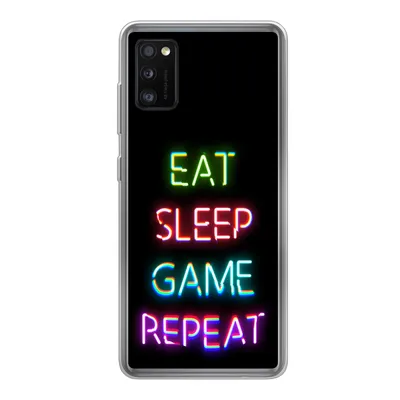 Produktbild von MuchoWow® Handyhülle Schutzhülle Hülle für Samsung Galaxy A41 Gaming - Led - Zitat - Eat sleep game repeat - Gaming Silikon Softcase Handy Hülle - Mobiltelefon