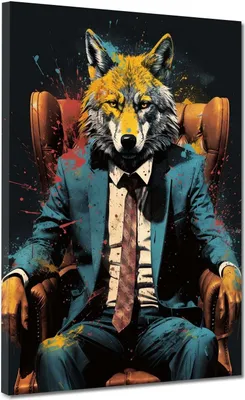 Produktbild von Abstrakt Wolf im Anzug Tier Leinwandbild Wandbild Deko Kunst XL: 75x100x4cm
