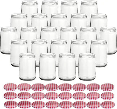 Immagine prodotto di set di 24 vasetti da conserva 580 ml classici con tappo a vite rosso a scacchi BLUESEAL - Vasetti da conserva con tappo a vite TO82 - Vasetti da conserva vuoti