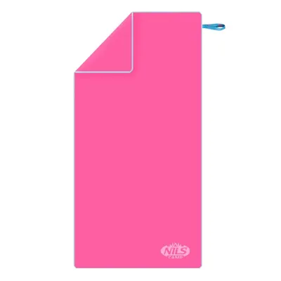 A pink microfiber towel with a blue loop is laid flat against a white background. The towel is folded at the top left corner, revealing a lighter shade of pink underneath. A small logo with the text 'NILS CAMP' is visible at the bottom right corner.