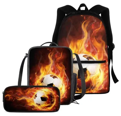 Image de Ensemble de sac à dos scolaire 3 pièces, motif football, avec boîte à lunch et trousse, pour garçons et filles