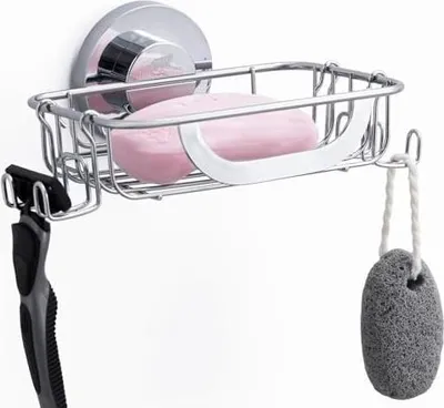 Produktbild von Dusche Seifenschale mit Haken, Saugnapf Seifenhalter für Wand, Max Halten 5 KG Badezimmer Seife Saver Tray für Badewanne, Rostfrei, Wasserdicht Edelstahl Schwammhalter Küche, Drill-Free, Silber