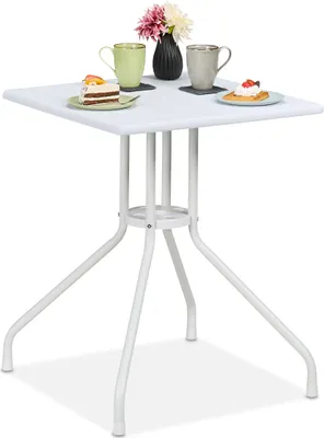 Produktbild von Relaxdays Gartentisch, HBT: 73 x 62 x 62 cm, Balkontisch Holzoptik, Kunststoff, Metall, Terrassentisch quadratisch, weiß