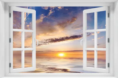 Produktbild von Wallario selbstklebendes Poster mit Fenster-Illusion - Sonnenuntergang über dem Wasser, Größe: 61 x 91,50 cm