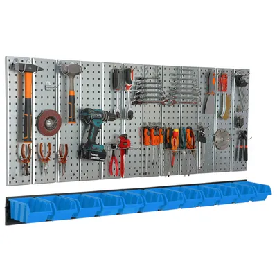 Obrázek produktu pro Deska na nářadí 156x72 cm Kovový úložný systém s držáky na nářadí Háčky na nářadí a 12 stohovacích boxů 120 x 195 x 90 mm Barva: modrá Deska na kolíky Dílna Garáž Deska na kolíky Elektrické nářadí Deska na kolíky
