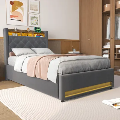 Produktbild von STILVORA Polsterbett 90×190 mit bettkasten,Stauraumbett Boxspringbett mit USB-Anschluss und LED-Licht,Funktionsbett ohne matratze,mit Stauraum,grau