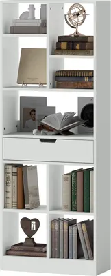 Produktbild von Weißes Bücherregal mit 9 Fächern, Schublade und Kippsicherung