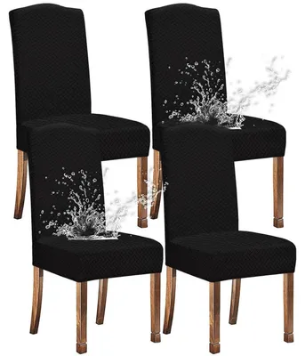 Zdjęcie produktu dla Osłonki na krzesła z tkaniny Jacquard, wzór kratka, elastyczne, wodoodporne, czarne, zestaw 4 sztuk