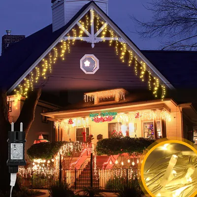 Obrázek produktu pro Ikodm LED světelný závěs "Eisregen", 400 LED diod, délka 10 metrů, teplá bílá barva, 8 režimů, funkce paměti, 31V, vhodný pro okna, party a obývací pokoje