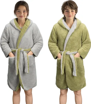 Produktbild von HOMELEVEL Kuschelfleece Bademantel für Kinder - Sherpa Morgenmantel mit Taschen Schalkragen Gürtel - Wende-Kinderbademantel für Jungen und Mädchen