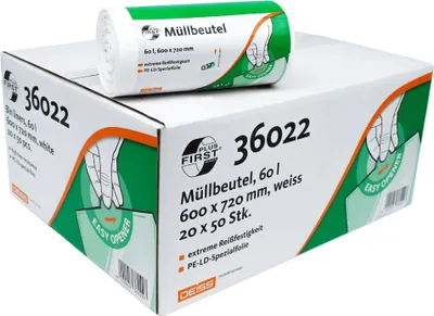 Produktbild von Deiss FIRST PLUS Müllbeutel weiß 60 Liter, 600 x 720 mm, 20x 50 Stück