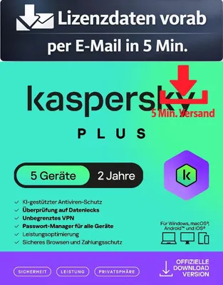 Produktbild von Kaspersky Plus (5 Device - 2 Jahre) DACH ESD Antivirus Sicherheit 5 Min. Versand als Download per Mail