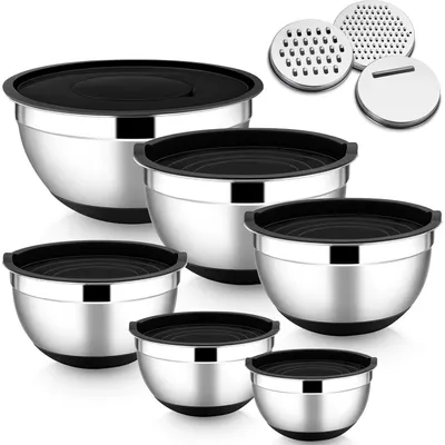 Produktbild von Rührschüssel Set 6er Edelstahl mit Deckel und Reibenaufsätzen, Rutschfester Silikonboden, Spülmaschinenfest, Schwarz