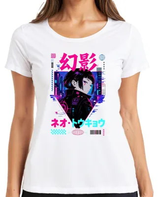 Zdjęcie produktu dla Koszulka damska z nadrukiem "Neo Tokyo", styl anime, cyberpunk, Japonia, efekt glitch, estetyka Y2K, dla fanów anime, kolor biały, rozmiar M