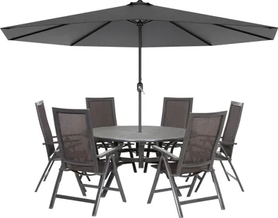 An outdoor dining set with a large umbrella and chairs around a table, presented on a white background.