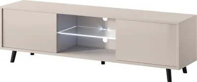 A beige TV lowboard with black legs, shown against a white background.