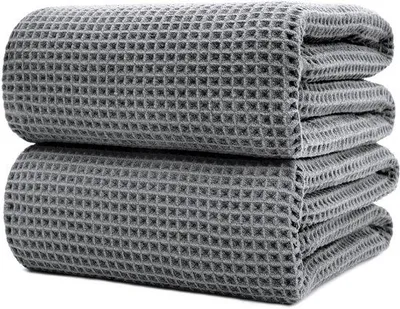 Produktbild von Ibenzoa® Extra große Mikrofaser-Handtücher Waffelstruktur 89 x 178 cm – Grau, 2er-Set, schnelltrocknend, fusselfrei, leicht & kompakt mit Satinrand